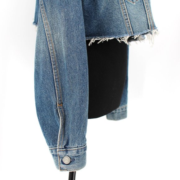 Grlfrnd Eve Cosmic Ray Blue Denim Pearl Embellished Cropped Jean Jacket XS Small - Picture 5 of 10
